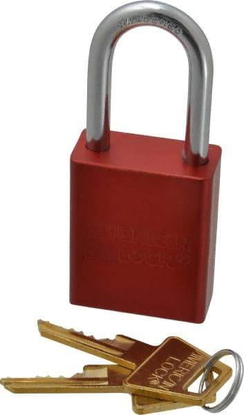 American Lock - Keyed Alike Conductive Lockout Padlock - 1-1/2" Shackle Clearance, 1/4" Shackle Diam, 1.8" Body Height x 1-1/2" Body Width, Red, 5 Pins - Americas Industrial Supply