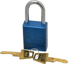 American Lock - Keyed Different Conductive Lockout Padlock - 1-1/2" Shackle Clearance, 1/4" Shackle Diam, 1.8" Body Height x 1-1/2" Body Width, Blue, 5 Pins - Americas Industrial Supply
