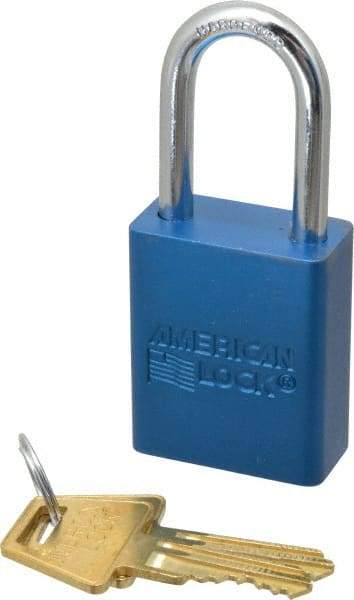 American Lock - Keyed Alike Conductive Lockout Padlock - 1-1/2" Shackle Clearance, 1/4" Shackle Diam, 1.8" Body Height x 1-1/2" Body Width, Blue, 5 Pins - Americas Industrial Supply