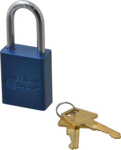 American Lock - Keyed Alike Conductive Lockout Padlock - 1-1/2" Shackle Clearance, 1/4" Shackle Diam, 1.8" Body Height x 1-1/2" Body Width, Blue, 5 Pins - Americas Industrial Supply
