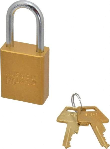 American Lock - Keyed Different Conductive Lockout Padlock - 1-1/2" Shackle Clearance, 1/4" Shackle Diam, 1.8" Body Height x 1-1/2" Body Width, Yellow, 5 Pins - Americas Industrial Supply