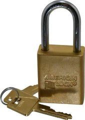 American Lock - Keyed Alike Conductive Lockout Padlock - 1-1/2" Shackle Clearance, 1/4" Shackle Diam, 1.8" Body Height x 1-1/2" Body Width, Yellow, 5 Pins - Americas Industrial Supply