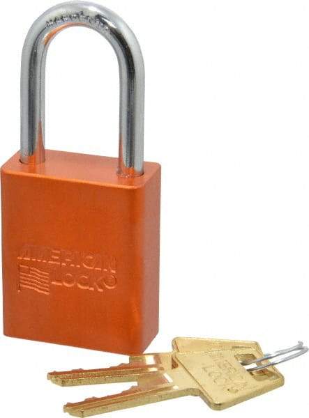American Lock - Keyed Different Conductive Lockout Padlock - 1-1/2" Shackle Clearance, 1/4" Shackle Diam, 1.8" Body Height x 1-1/2" Body Width, Orange, 5 Pins - Americas Industrial Supply