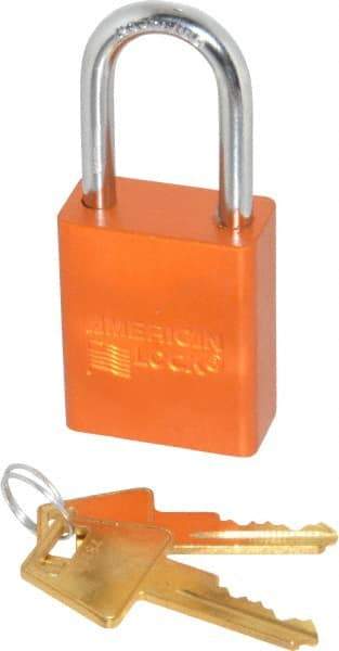 American Lock - Keyed Alike Conductive Lockout Padlock - 1-1/2" Shackle Clearance, 1/4" Shackle Diam, 1.8" Body Height x 1-1/2" Body Width, Orange, 5 Pins - Americas Industrial Supply