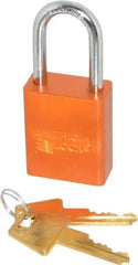 American Lock - Keyed Alike Conductive Lockout Padlock - 1-1/2" Shackle Clearance, 1/4" Shackle Diam, 1.8" Body Height x 1-1/2" Body Width, Orange, 5 Pins - Americas Industrial Supply