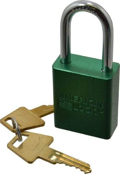 American Lock - Keyed Different Conductive Lockout Padlock - 1-1/2" Shackle Clearance, 1/4" Shackle Diam, 1.8" Body Height x 1-1/2" Body Width, Green, 5 Pins - Americas Industrial Supply
