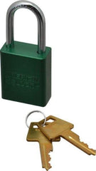 American Lock - Keyed Alike Conductive Lockout Padlock - 1-1/2" Shackle Clearance, 1/4" Shackle Diam, 1.8" Body Height x 1-1/2" Body Width, Green, 5 Pins - Americas Industrial Supply