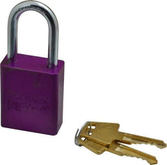 American Lock - Keyed Different Conductive Lockout Padlock - 1-1/2" Shackle Clearance, 1/4" Shackle Diam, 1.8" Body Height x 1-1/2" Body Width, Purple, 5 Pins - Americas Industrial Supply