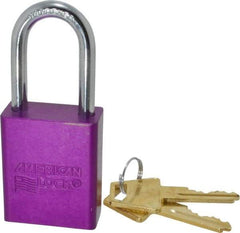 American Lock - Keyed Alike Conductive Lockout Padlock - 1-1/2" Shackle Clearance, 1/4" Shackle Diam, 1.8" Body Height x 1-1/2" Body Width, Purple, 5 Pins - Americas Industrial Supply