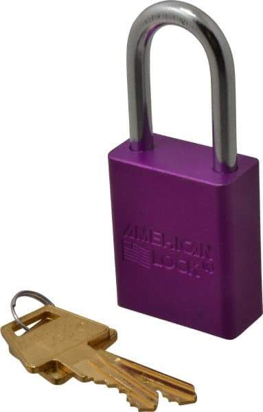 American Lock - Keyed Alike Conductive Lockout Padlock - 1-1/2" Shackle Clearance, 1/4" Shackle Diam, 1.8" Body Height x 1-1/2" Body Width, Purple, 5 Pins - Americas Industrial Supply
