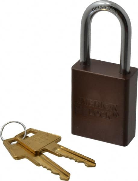American Lock - Keyed Alike Conductive Lockout Padlock - 1-1/2" Shackle Clearance, 1/4" Shackle Diam, 1.8" Body Height x 1-1/2" Body Width, Brown, 5 Pins - Americas Industrial Supply