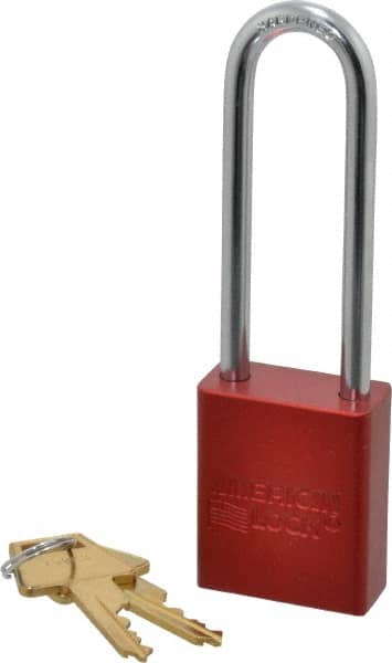 American Lock - Keyed Different Conductive Lockout Padlock - 3" Shackle Clearance, 1/4" Shackle Diam, 1.8" Body Height x 1-1/2" Body Width, Red, 5 Pins - Americas Industrial Supply