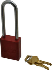 American Lock - Keyed Alike Conductive Lockout Padlock - 3" Shackle Clearance, 1/4" Shackle Diam, 1.8" Body Height x 1-1/2" Body Width, Red, 5 Pins - Americas Industrial Supply