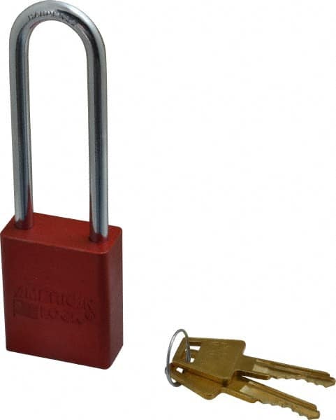 American Lock - Keyed Alike Conductive Lockout Padlock - 3" Shackle Clearance, 1/4" Shackle Diam, 1.8" Body Height x 1-1/2" Body Width, Red, 5 Pins - Americas Industrial Supply