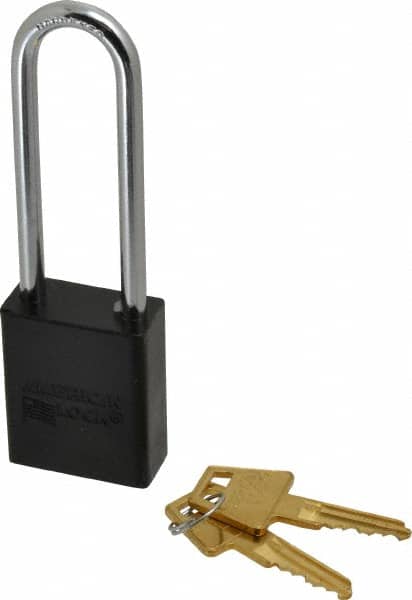 American Lock - Keyed Alike Conductive Lockout Padlock - 3" Shackle Clearance, 1/4" Shackle Diam, 1.8" Body Height x 1-1/2" Body Width, Black, 5 Pins - Americas Industrial Supply