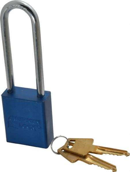 American Lock - Keyed Alike Conductive Lockout Padlock - 3" Shackle Clearance, 1/4" Shackle Diam, 1.8" Body Height x 1-1/2" Body Width, Blue, 5 Pins - Americas Industrial Supply
