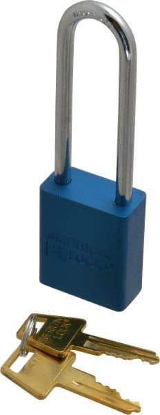 American Lock - Keyed Alike Conductive Lockout Padlock - 3" Shackle Clearance, 1/4" Shackle Diam, 1.8" Body Height x 1-1/2" Body Width, Blue, 5 Pins - Americas Industrial Supply