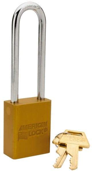 American Lock - Keyed Different Conductive Lockout Padlock - 3" Shackle Clearance, 1/4" Shackle Diam, 1.8" Body Height x 1-1/2" Body Width, Yellow, 5 Pins - Americas Industrial Supply