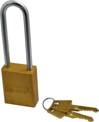 American Lock - Keyed Alike Conductive Lockout Padlock - 3" Shackle Clearance, 1/4" Shackle Diam, 1.8" Body Height x 1-1/2" Body Width, Yellow, 5 Pins - Americas Industrial Supply