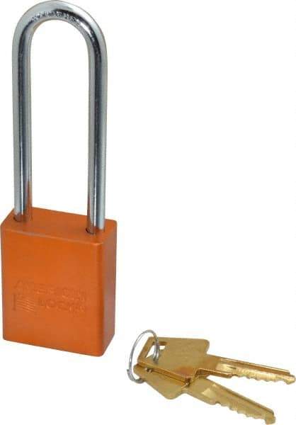 American Lock - Keyed Alike Conductive Lockout Padlock - 3" Shackle Clearance, 1/4" Shackle Diam, 1.8" Body Height x 1-1/2" Body Width, Orange, 5 Pins - Americas Industrial Supply