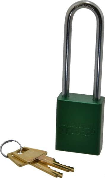 American Lock - Keyed Different Conductive Lockout Padlock - 3" Shackle Clearance, 1/4" Shackle Diam, 1.8" Body Height x 1-1/2" Body Width, Green, 5 Pins - Americas Industrial Supply
