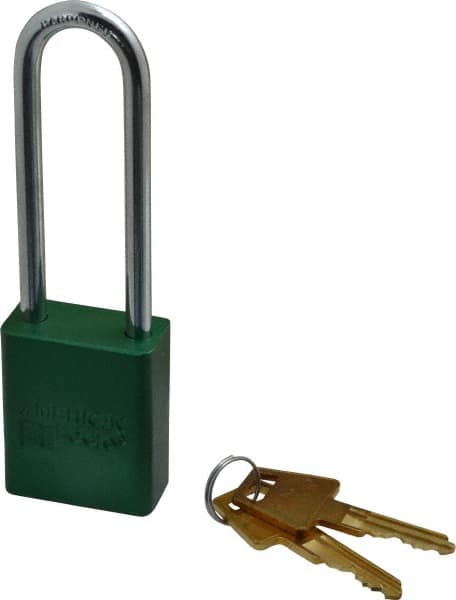 American Lock - Keyed Alike Conductive Lockout Padlock - 3" Shackle Clearance, 1/4" Shackle Diam, 1.8" Body Height x 1-1/2" Body Width, Green, 5 Pins - Americas Industrial Supply