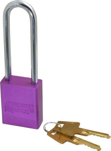 American Lock - Keyed Different Conductive Lockout Padlock - 3" Shackle Clearance, 1/4" Shackle Diam, 1.8" Body Height x 1-1/2" Body Width, Purple, 5 Pins - Americas Industrial Supply
