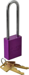 American Lock - Keyed Alike Conductive Lockout Padlock - 3" Shackle Clearance, 1/4" Shackle Diam, 1.8" Body Height x 1-1/2" Body Width, Purple, 5 Pins - Americas Industrial Supply