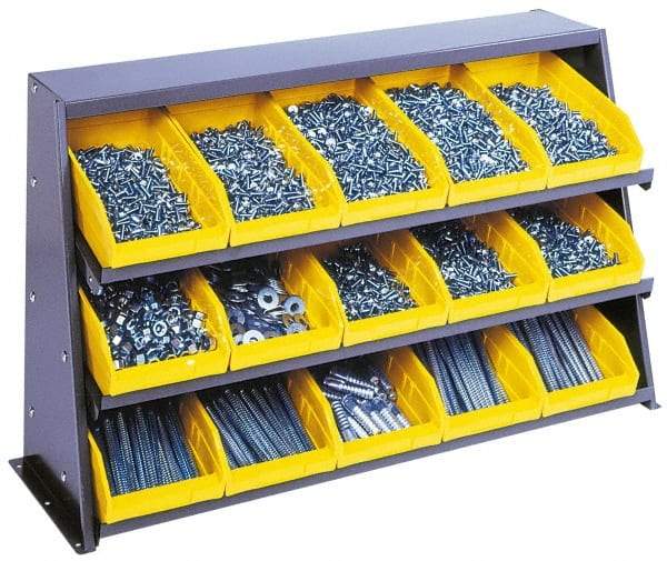 Quantum Storage - 240 Lb Capacity, 12" Deep x 36" Wide x 21" High, Steel Bench Rack - 1 Side, 15 Blue Polyethylene/Polypropylene Bins - Americas Industrial Supply