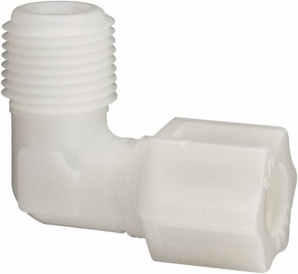 Made in USA - 1/2" Tube OD, Acetal/Celcon Plastic Compression Tube Male Elbow - 1/2 NPT Pipe, 220°F Max, Plastic Grip - Americas Industrial Supply
