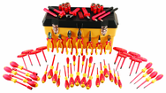 66 Piece - Insulated Tool Set with Pliers; Cutters; Nut Drivers; Screwdrivers; T Handles; Knife; Sockets & 3/8" Drive Ratchet w/Extension; Adjustable Wrench - Americas Industrial Supply