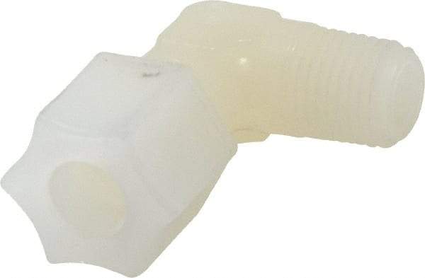 Made in USA - 3/8" Tube OD, Kynar Plastic Compression Tube Male Elbow - 1/4 NPT Pipe, 275°F Max, Plastic Grip - Americas Industrial Supply