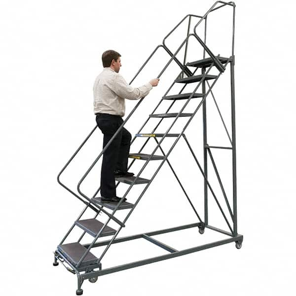 Ballymore - 123" 9 Step Stairway Slope Ladder - 50° Incline, 600 Lb Capacity, 90" Platform Height, 32" Base Width x 82" Base Depth, Expanded Metal Tread - Americas Industrial Supply