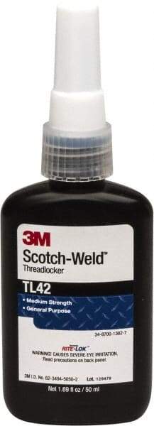 3M - 50 mL Bottle, Blue, Medium Strength Liquid Threadlocker - Series TL42, 24 hr Full Cure Time, Hand Tool Removal - Americas Industrial Supply