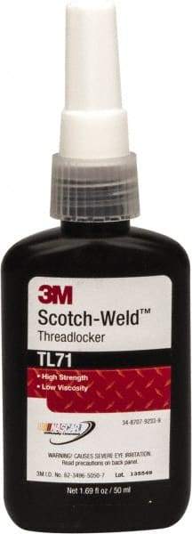 3M - 50 mL Bottle, Red, High Strength Liquid Threadlocker - Series TL71, 24 hr Full Cure Time, Hand Tool, Heat Removal - Americas Industrial Supply