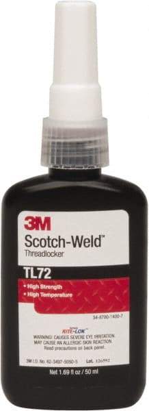 3M - 50 mL Bottle, Red, High Strength Liquid Threadlocker - Series TL72, 24 hr Full Cure Time, Hand Tool, Heat Removal - Americas Industrial Supply