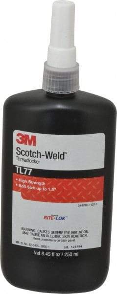 3M - 250 mL, Red, High Strength Liquid Threadlocker - Series TL77, 24 hr Full Cure Time, Hand Tool, Heat Removal - Americas Industrial Supply