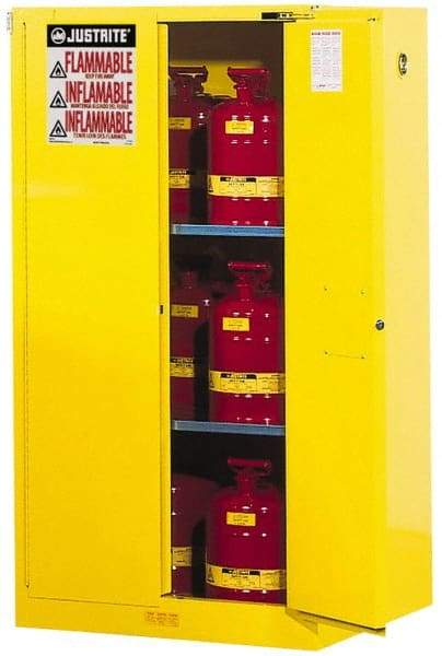Justrite - 2 Door, 2 Shelf, Yellow Steel Standard Safety Cabinet for Flammable and Combustible Liquids - 65" High x 34" Wide x 34" Deep, Self Closing Door, 3 Point Key Lock, 60 Gal Capacity - Americas Industrial Supply