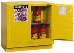 Justrite - 2 Door, 1 Shelf, Yellow Steel Under the Counter Safety Cabinet for Flammable and Combustible Liquids - 35" High x 35" Wide x 22" Deep, Self Closing Door, 22 Gal Capacity - Americas Industrial Supply