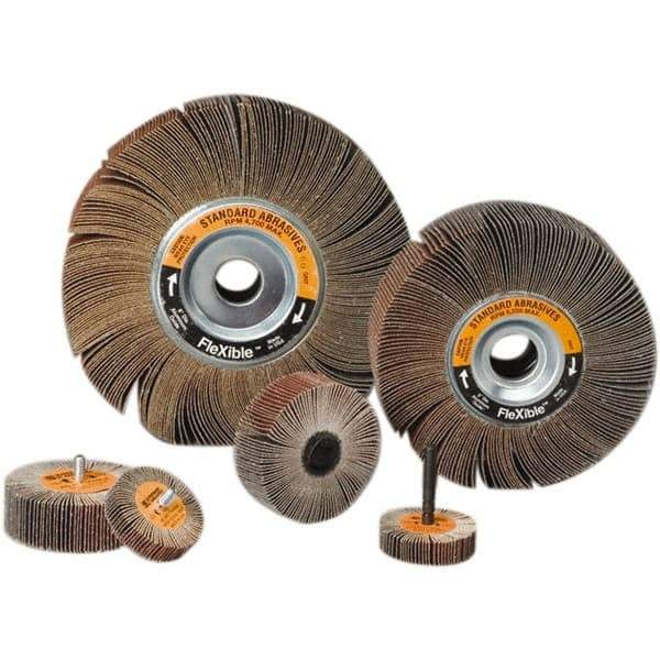 Standard Abrasives - 1" Diam x 1" Face Width, Medium Aluminum Oxide Coated Mounted Flap Wheel - 1/4-20 Threaded Mount, 60 Grit, 30,000 Max RPM - Americas Industrial Supply