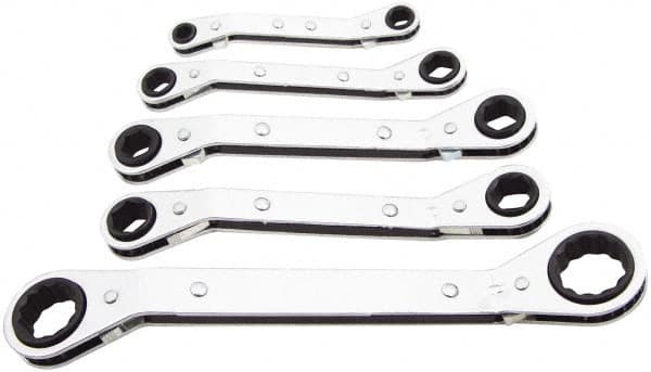 Lang - 5 Piece, 7 x 8 to 15 x 17mm, Ratcheting Box Wrench Set - Metric System of Measurement, Chrome Finish, Comes in Vinyl Roll - Americas Industrial Supply