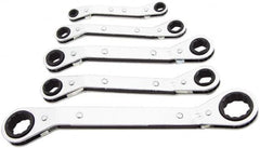 Lang - 5 Piece, 1/4 x 5/16 to 3/4 x 7/8", Ratcheting Box Wrench Set - Inch System of Measurement, Chrome Finish, Comes in Vinyl Roll - Americas Industrial Supply