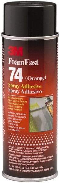 3M - 24 oz Aerosol Orange Spray Adhesive - High Tack, 170°F Heat Resistance, 40 Sq Ft Coverage, Medium Strength Bond, 15 min Max Bonding Time, Flammable, Series 74 - Americas Industrial Supply