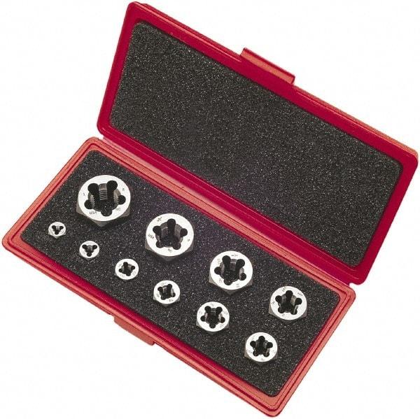 Vermont Tap & Die - 1/4-20 to 1-8 UNC, Hex Die Set - Carbon Steel, 10 Piece Set, Comes with Metal Case - Exact Industrial Supply