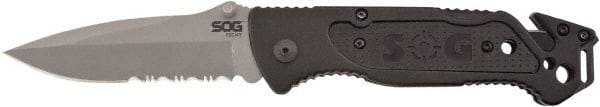 SOG Specialty Knives - 3-13/32" Blade, 8.2" OAL, Partially Serrated Clip Point Folding Knife - 4.8" Closed Length, Plastic, 1 Blade, 1 Edge - Americas Industrial Supply