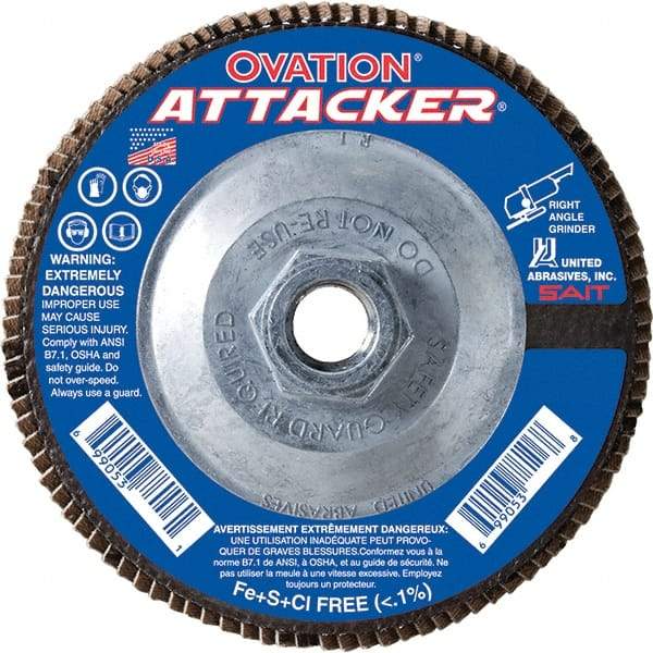 Sait - 40 Grit, 4-1/2" Disc Diam, 5/8-11 Center Hole, Type 27 Zirconia Alumina Flap Disc - 13,300 Max RPM, Fiberglass Backing, Arbor Attaching System, Coated - Americas Industrial Supply