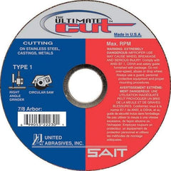 Sait - 5" Aluminum Oxide Cutoff Wheel - 0.045" Thick, 7/8" Arbor, 12,200 Max RPM, Use with Angle Grinders - Americas Industrial Supply