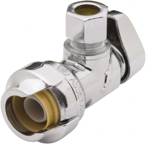 SharkBite - 1/2 & 1/4" Pipe, 200 psi WOG Rating, Brass Angle Stop Valve - Chrome Finished Handle, Push Fit End Connections, For Potable Water Applications - Americas Industrial Supply