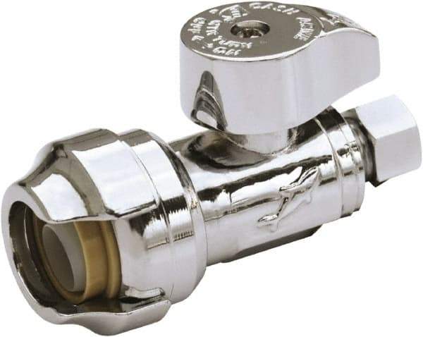 SharkBite - 1/2 & 3/8" Pipe, 200 psi WOG Rating, Brass Stop Valve - Chrome Finished Handle, Push Fit End Connections, For Potable Water Applications - Americas Industrial Supply