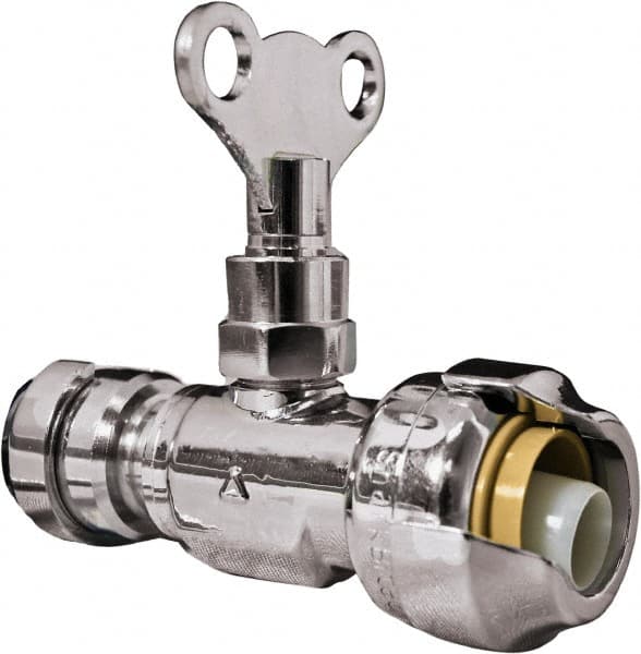 SharkBite - 1/2 & 3/8" Pipe, 200 psi WOG Rating, Brass Stop Valve - Loose Key Handle, Push Fit End Connections, For Potable Water Applications - Americas Industrial Supply